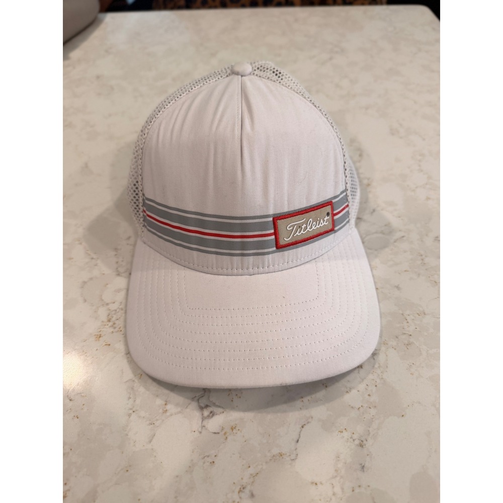 Titleist Golf Hat Mens White Mesh Back Snapback Performance Trucker Cap Stripe